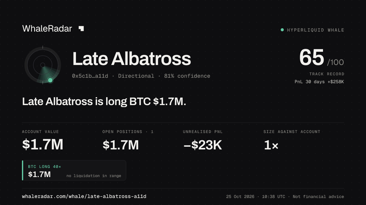 「Late Albatross」分享卡片:Late Albatross 持有 BTC 128 万美元 多单。