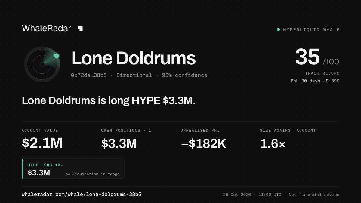 Share card for Lone Doldrums: Lone Doldrums is long HYPE $3.3M.