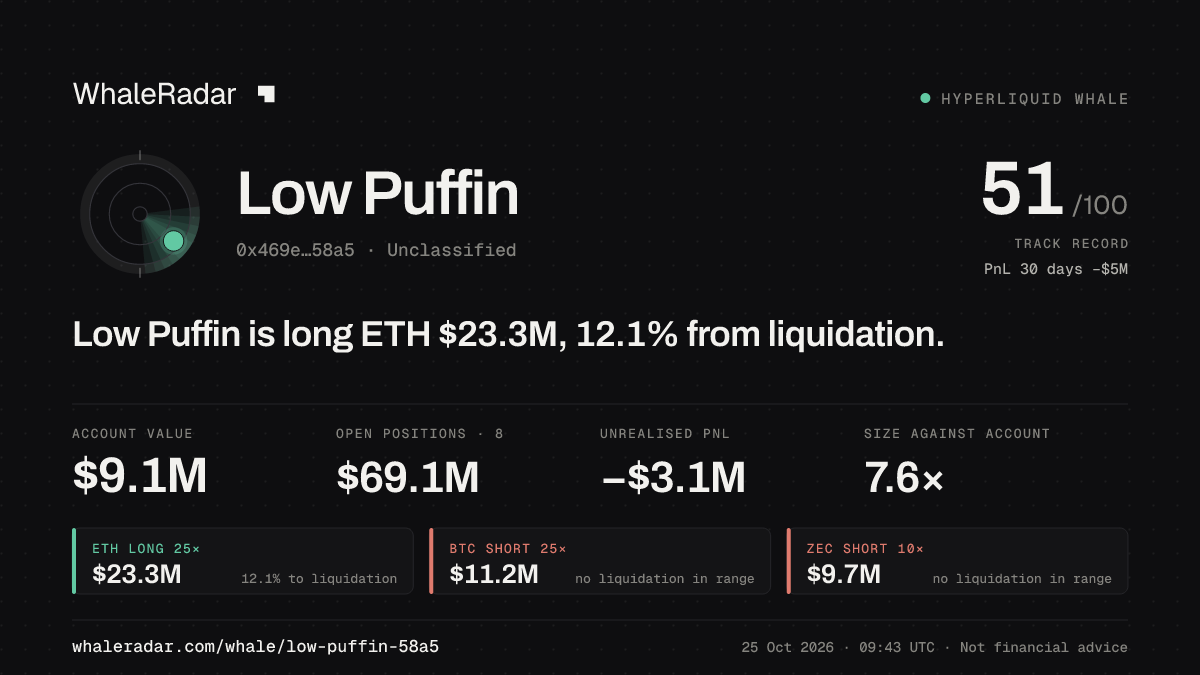 「Low Puffin」分享卡片:Low Puffin 持有 ETH 2,338 万美元 多单,距爆仓 11.9%。