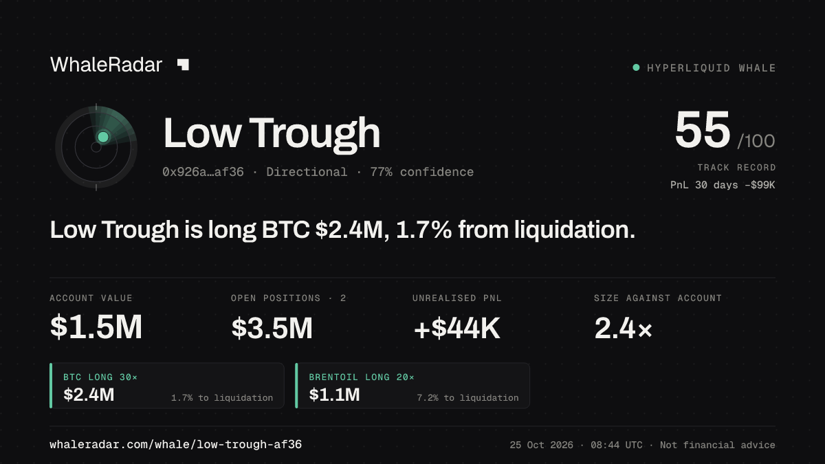 Share card for Low Trough: Low Trough is long BTC $2.4M, 2.0% from liquidation.