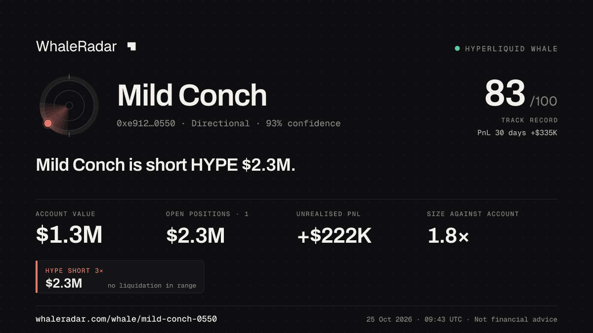 「Mild Conch」分享卡片:Mild Conch 持有 HYPE 234 万美元 空单。