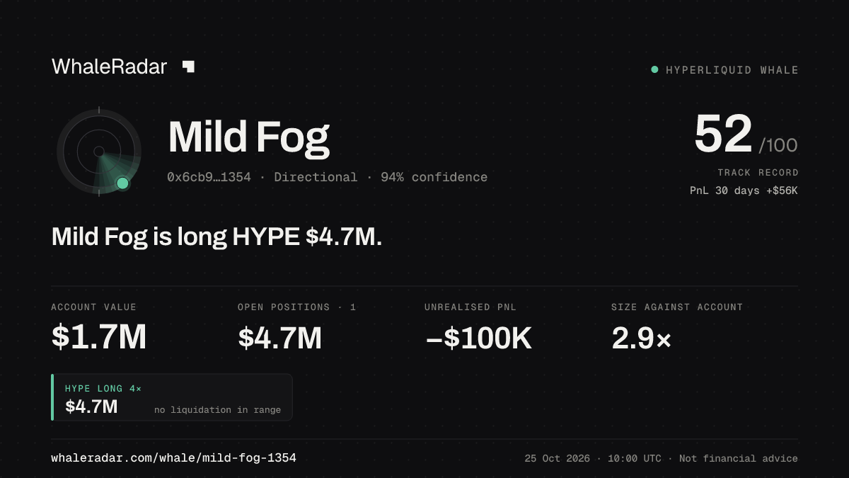 Share card for Mild Fog: Mild Fog is long HYPE $4.7M.
