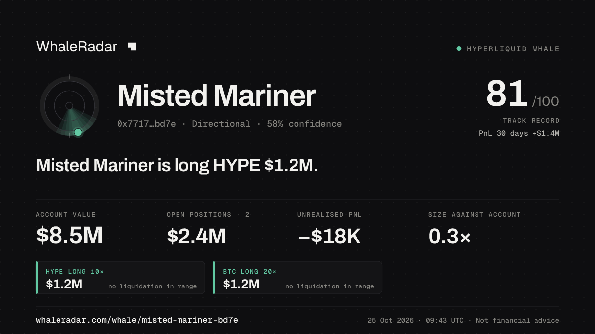 「Misted Mariner」分享卡片:Misted Mariner 持有 HYPE 125 万美元 多单。