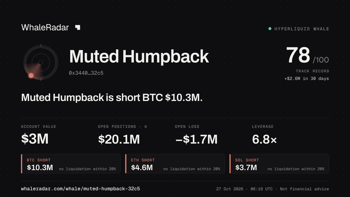 Muted Humpback 공유 카드: Muted Humpback: BTC 숏 1,025만 달러.
