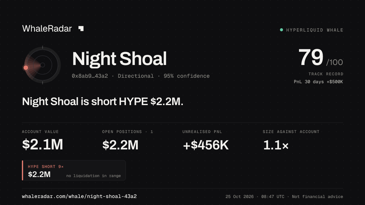 Share card for Night Shoal: Night Shoal is short HYPE $2.3M.