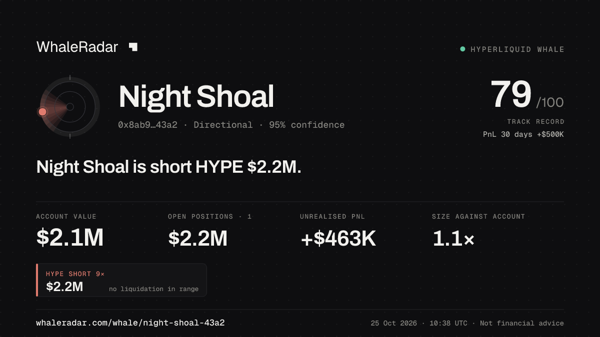 「Night Shoal」分享卡片:Night Shoal 持有 HYPE 224 万美元 空单。
