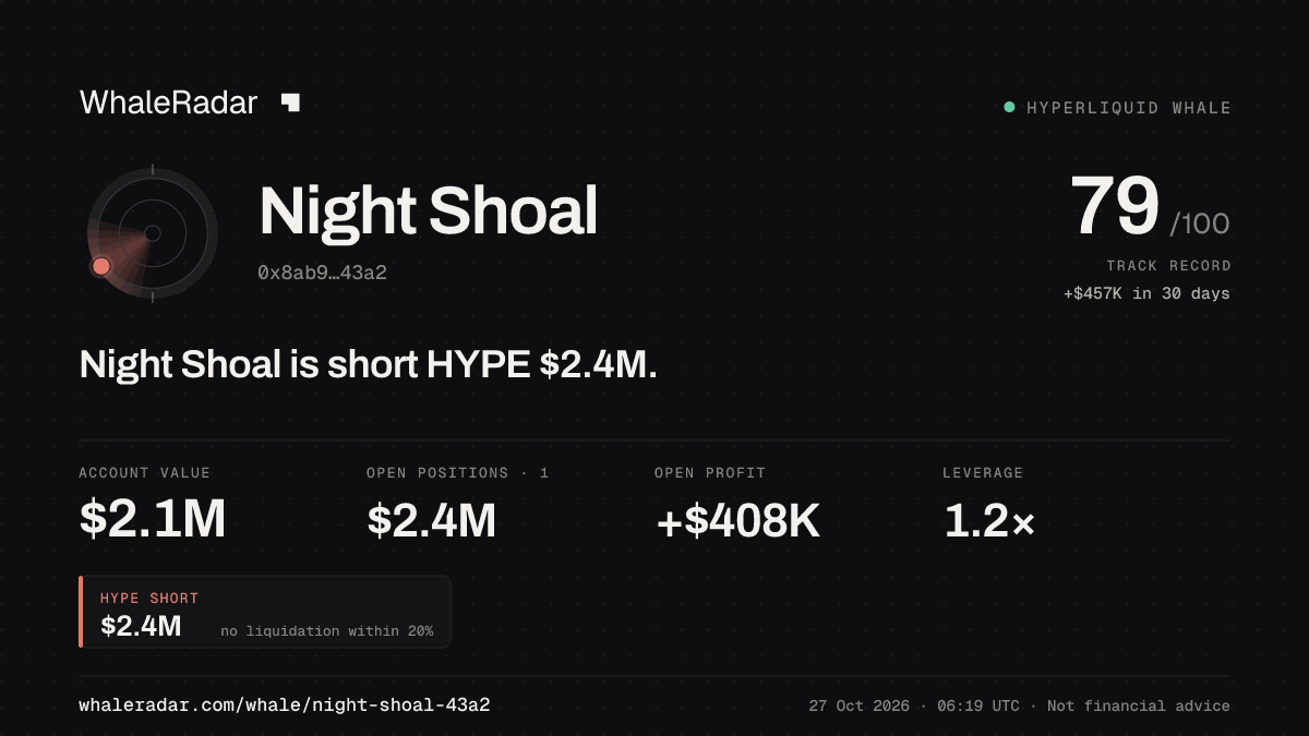 Night Shoal 공유 카드: Night Shoal: HYPE 숏 237만 달러.