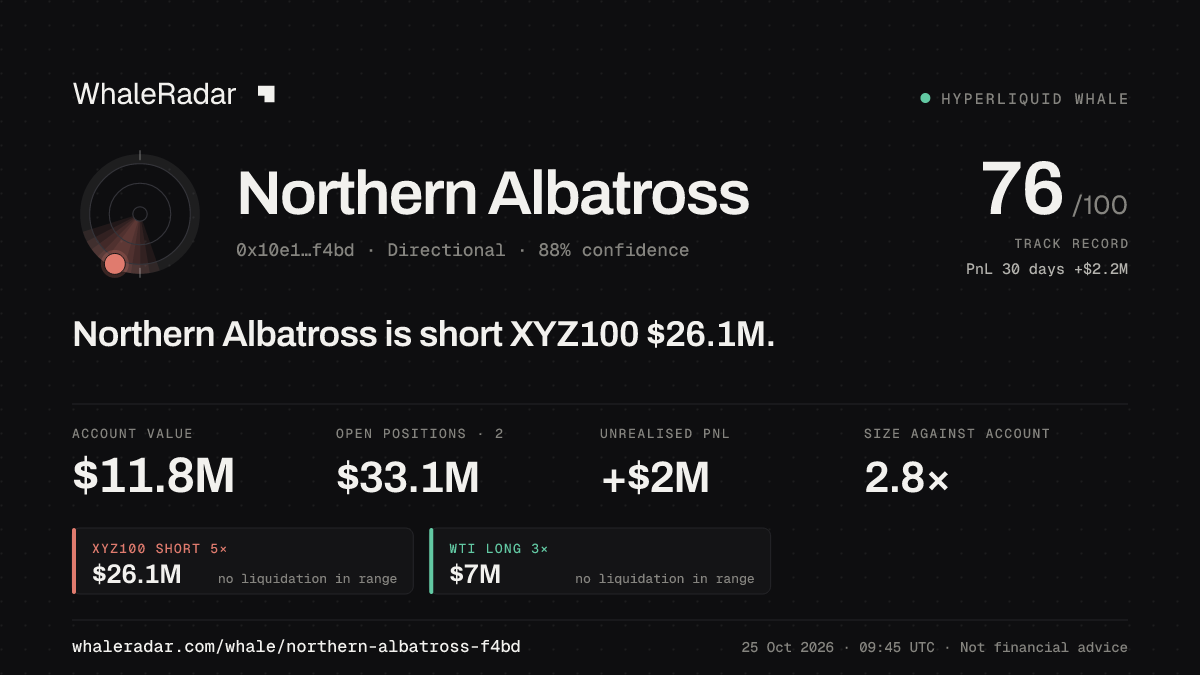 「Northern Albatross」分享卡片:Northern Albatross 持有 XYZ100 2,612 万美元 空单。