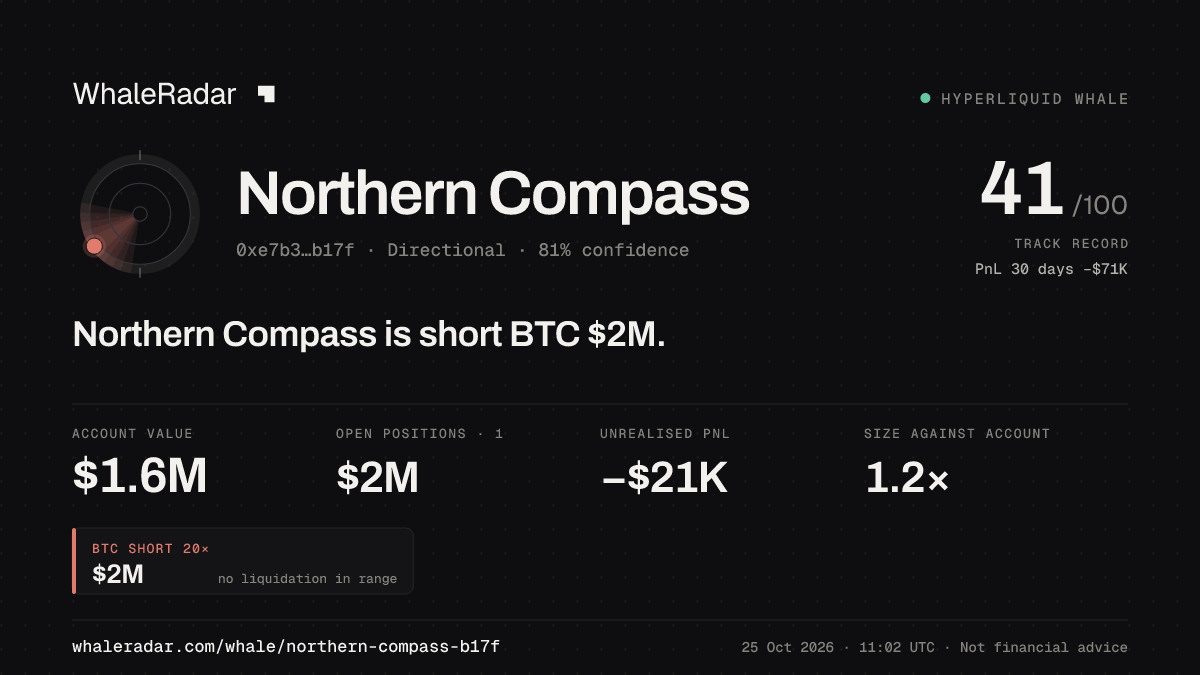 Share card for Northern Compass: Northern Compass is short BTC $2M.
