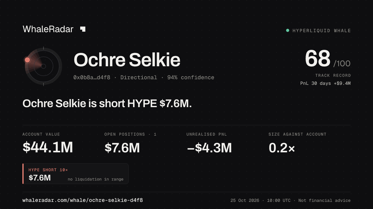 Share card for Ochre Selkie: Ochre Selkie is short HYPE $7.5M.