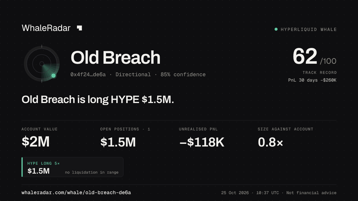 「Old Breach」分享卡片:Old Breach 持有 HYPE 151 万美元 多单。