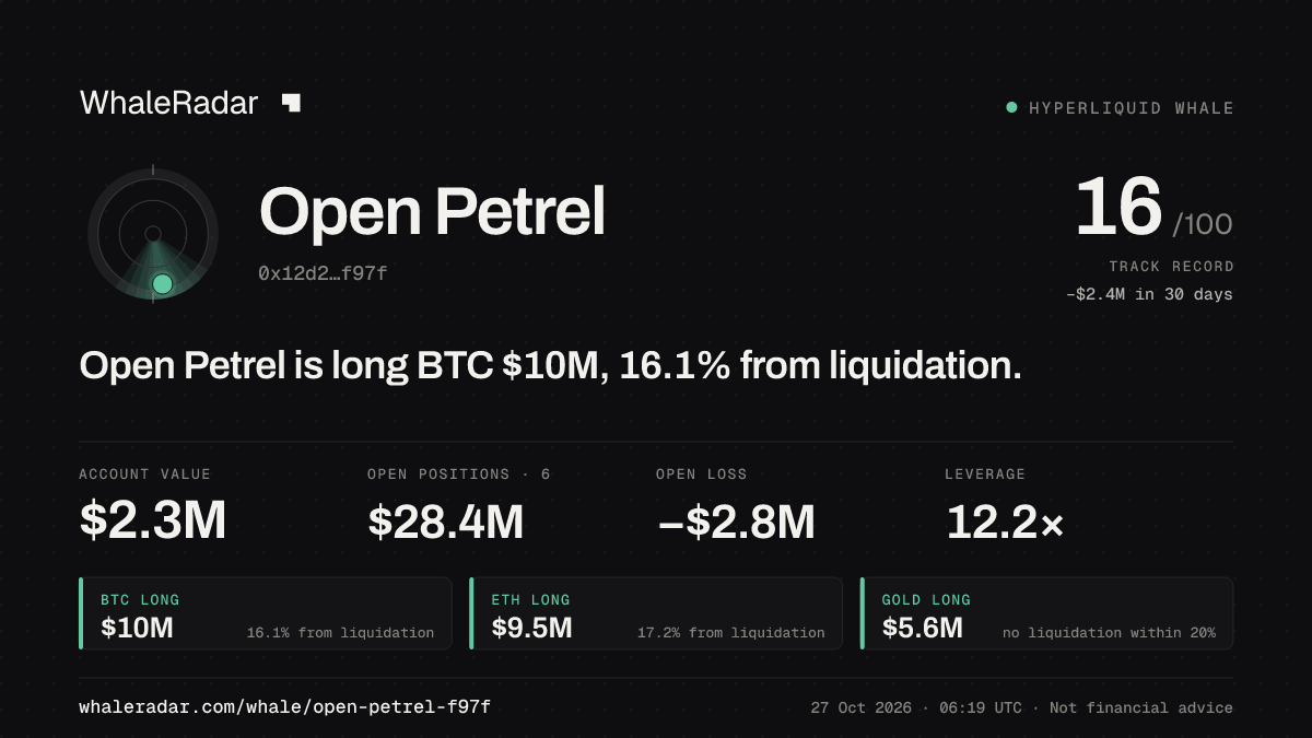 Open Petrel 공유 카드: Open Petrel: BTC 롱 998만 달러, 청산까지 16.3%.