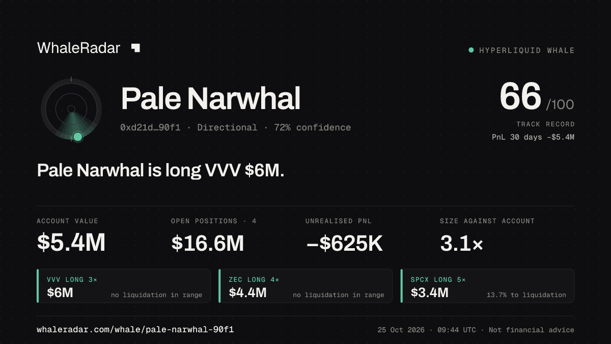 Share card for Pale Narwhal: Pale Narwhal is long VVV $6.1M.