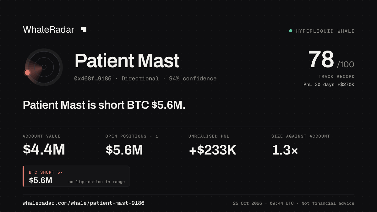 「Patient Mast」分享卡片:Patient Mast 持有 BTC 563 万美元 空单。