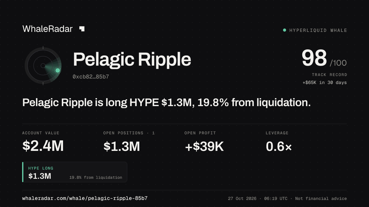 Pelagic Ripple 공유 카드: Pelagic Ripple: HYPE 롱 131만 달러, 청산까지 20.0%.