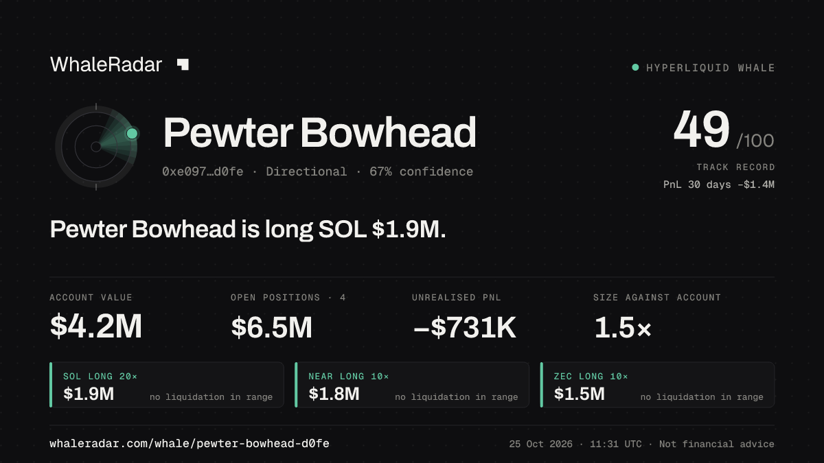 「Pewter Bowhead」分享卡片:Pewter Bowhead 持有 SOL 191 万美元 多单。