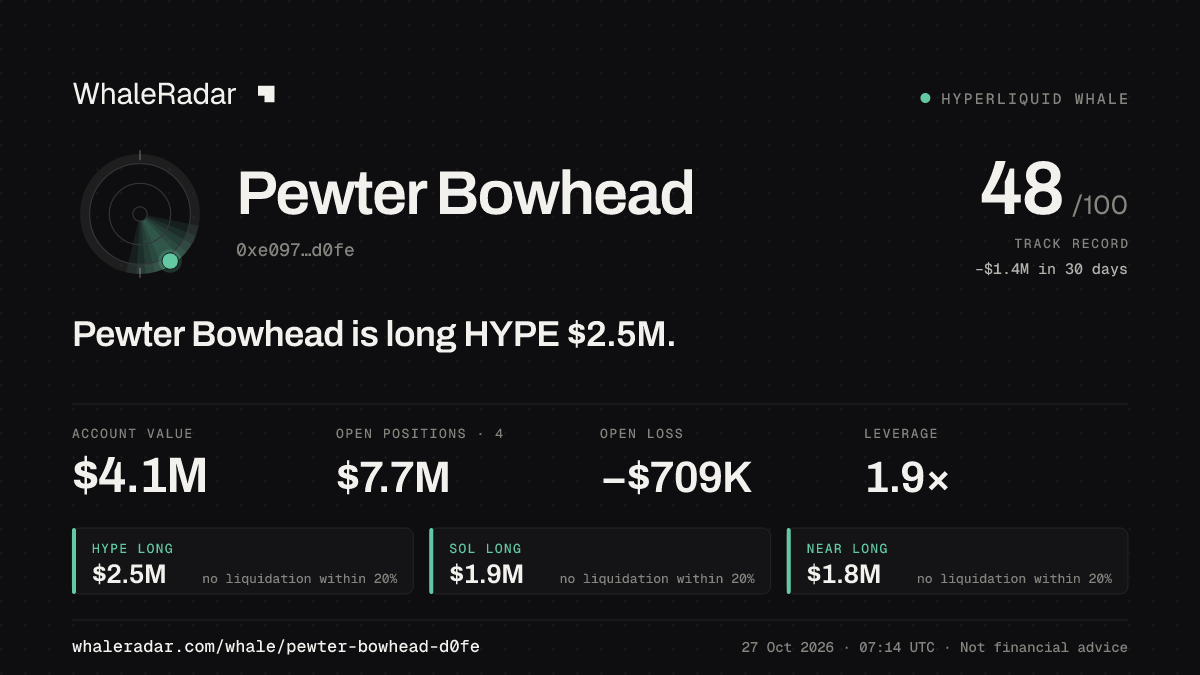 Pewter Bowhead 공유 카드: Pewter Bowhead: HYPE 롱 252만 달러.