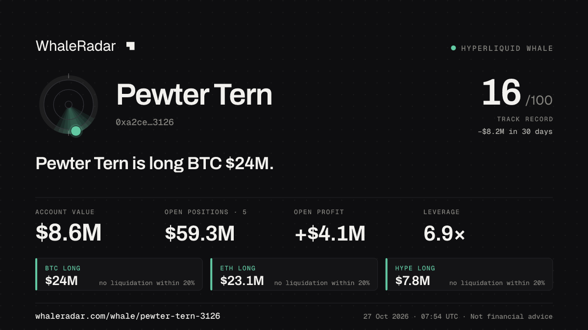 Pewter Tern 공유 카드: Pewter Tern: BTC 롱 2,394만 달러.