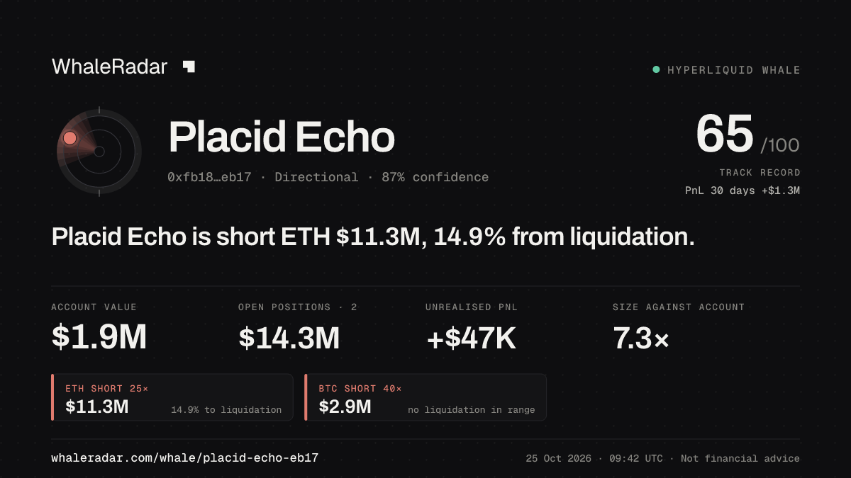 Share card for Placid Echo: Placid Echo is short ETH $11.4M, 15.8% from liquidation.