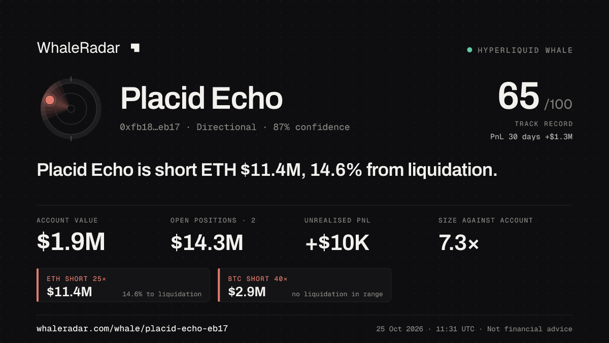「Placid Echo」分享卡片:Placid Echo 持有 ETH 1,134 万美元 空单,距爆仓 14.9%。