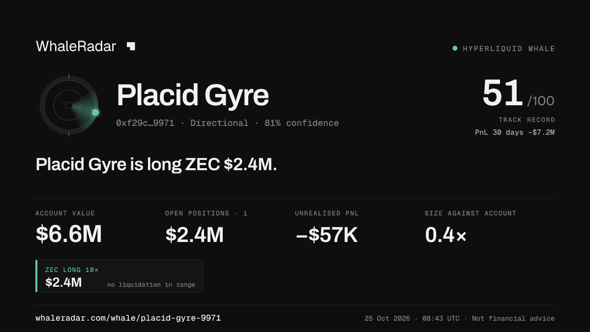 Share card for Placid Gyre: Placid Gyre is long ZEC $2.4M.