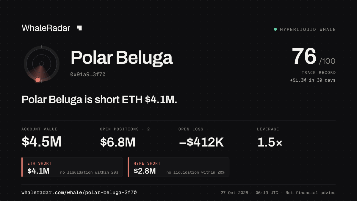 Polar Beluga 공유 카드: Polar Beluga: ETH 숏 409만 달러.