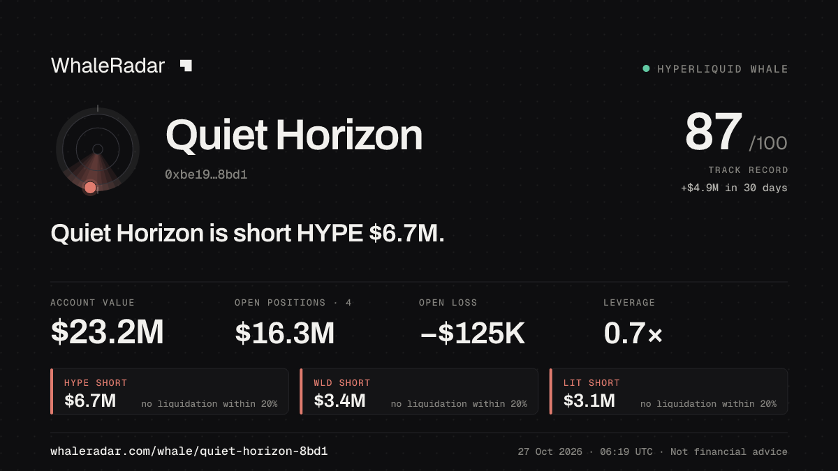 Quiet Horizon 공유 카드: Quiet Horizon: HYPE 숏 674만 달러.