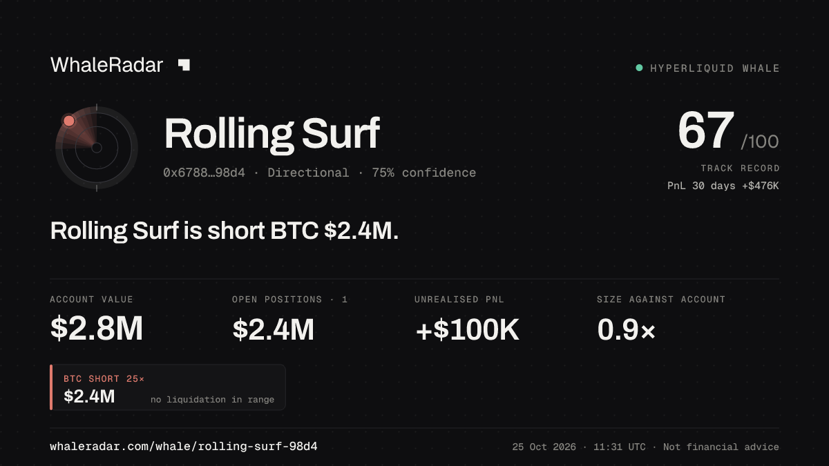 「Rolling Surf」分享卡片:Rolling Surf 持有 BTC 241 万美元 空单。