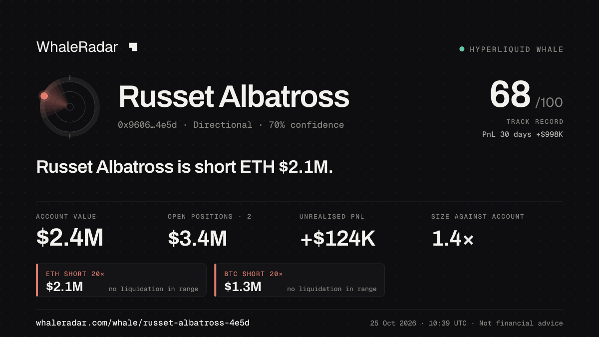 「Russet Albatross」分享卡片:Russet Albatross 持有 ETH 212 万美元 空单。