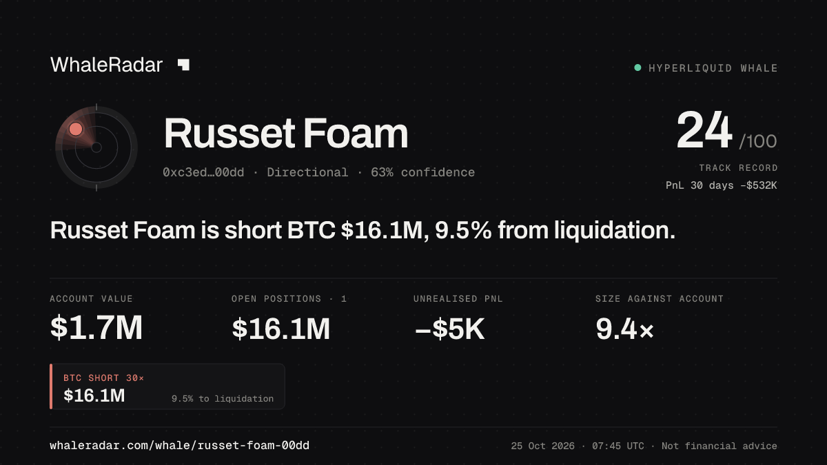 Share card for Russet Foam: Russet Foam is short BTC $16.1M, 9.7% from liquidation.