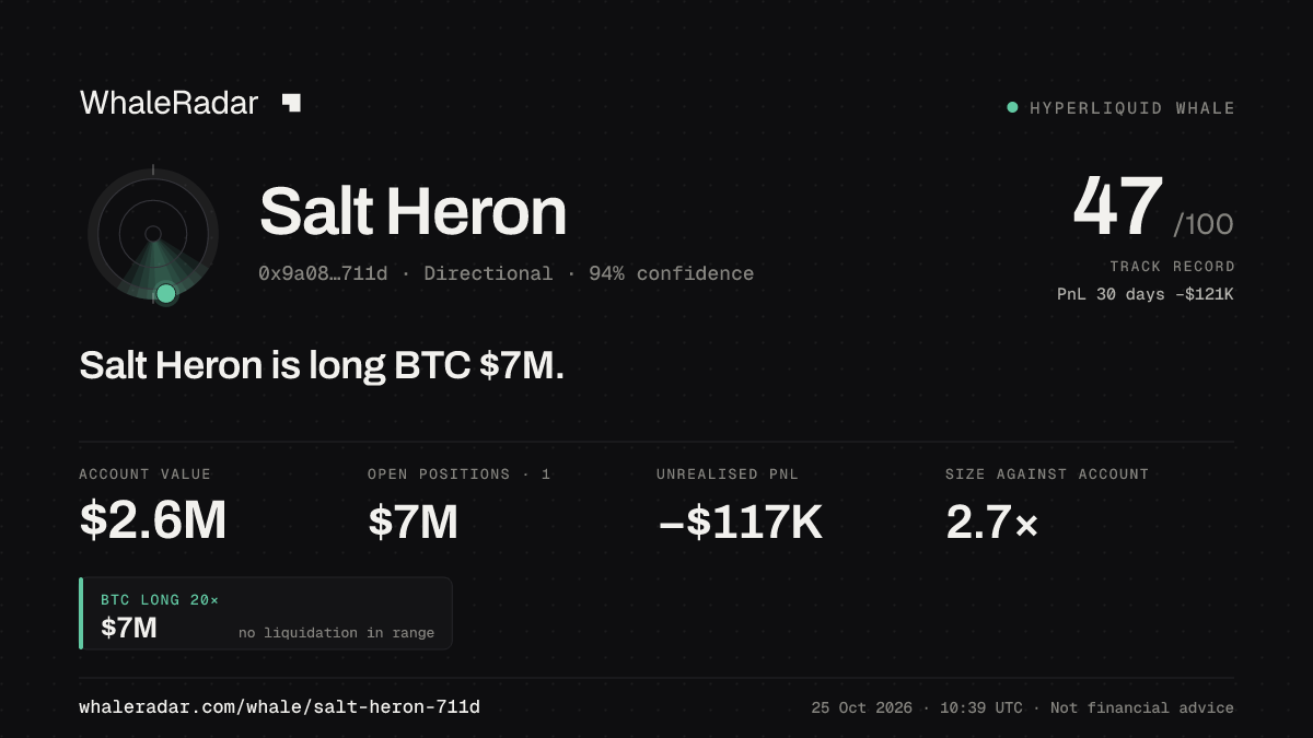 「Salt Heron」分享卡片:Salt Heron 持有 BTC 698 万美元 多单。