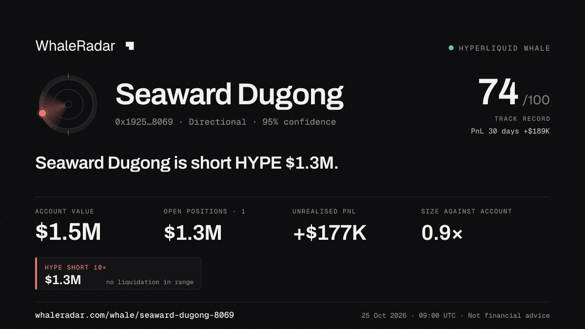 Share card for Seaward Dugong: Seaward Dugong is short HYPE $1.4M.