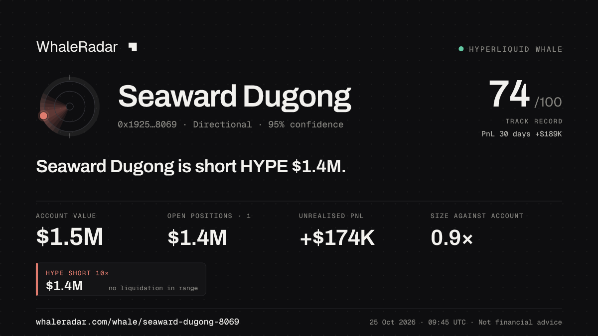「Seaward Dugong」分享卡片:Seaward Dugong 持有 HYPE 135 万美元 空单。