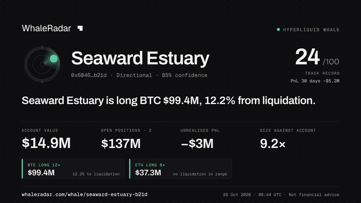 Share card for Seaward Estuary: Seaward Estuary is long BTC $99.6M, 12.6% from liquidation.