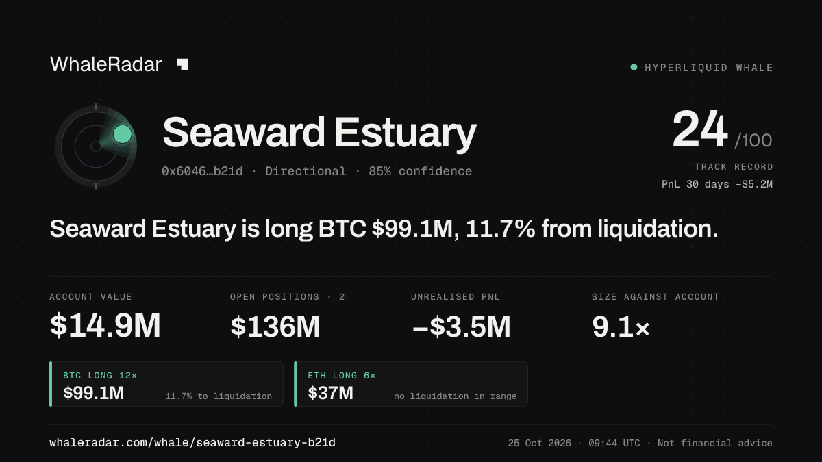 「Seaward Estuary」分享卡片:Seaward Estuary 持有 BTC 9,943 万美元 多单,距爆仓 12.2%。