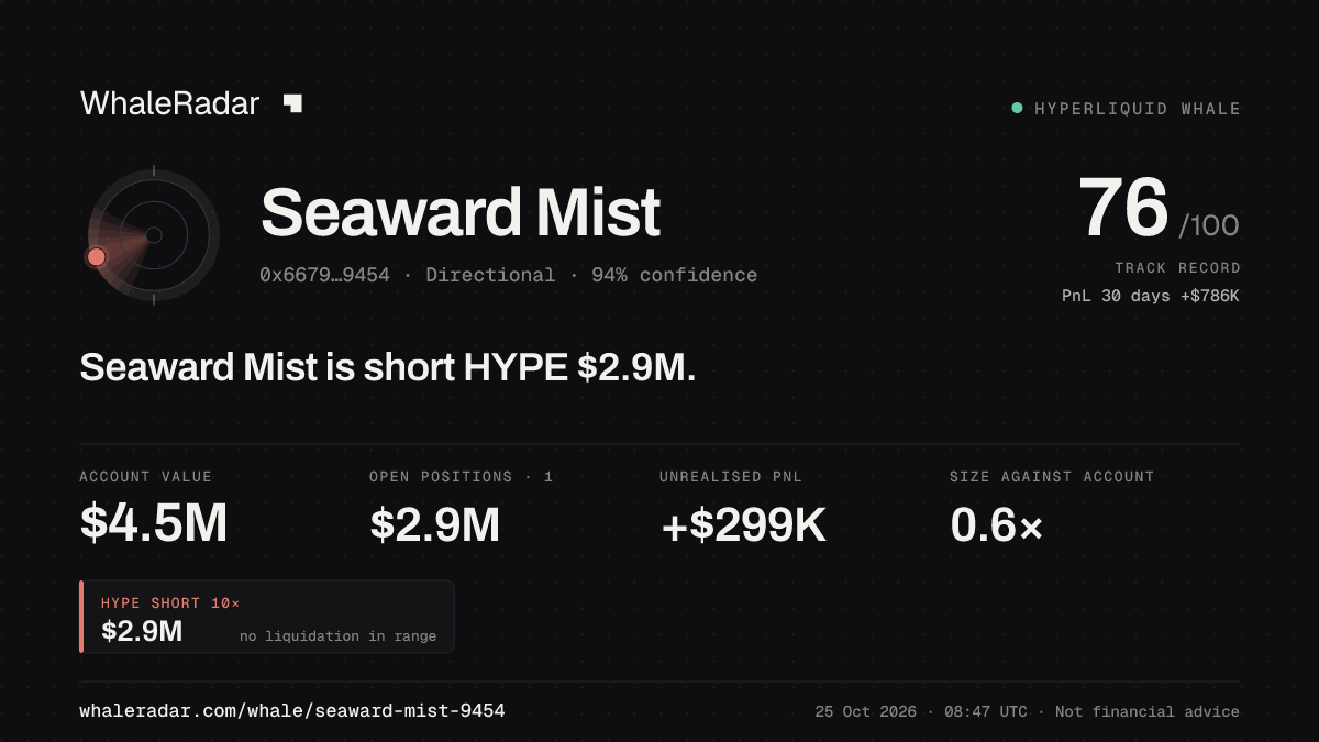 Share card for Seaward Mist: Seaward Mist is short HYPE $2.9M.