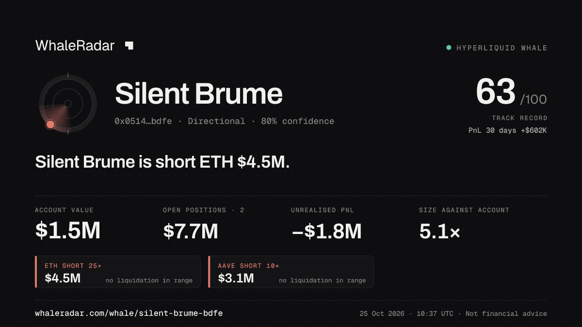 「Silent Brume」分享卡片:Silent Brume 持有 ETH 453 万美元 空单。