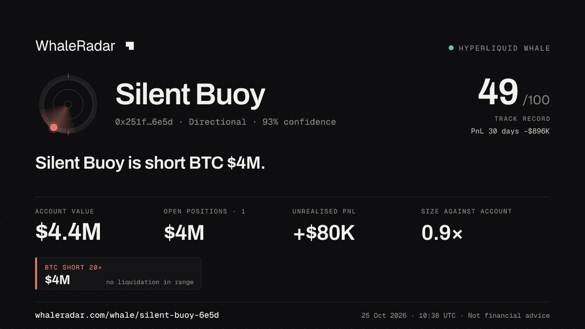 「Silent Buoy」分享卡片:Silent Buoy 持有 BTC 401 万美元 空单。