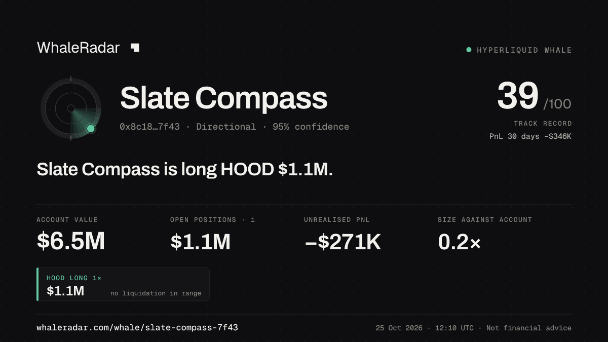 「Slate Compass」分享卡片:Slate Compass 持有 HOOD 109 万美元 多单。