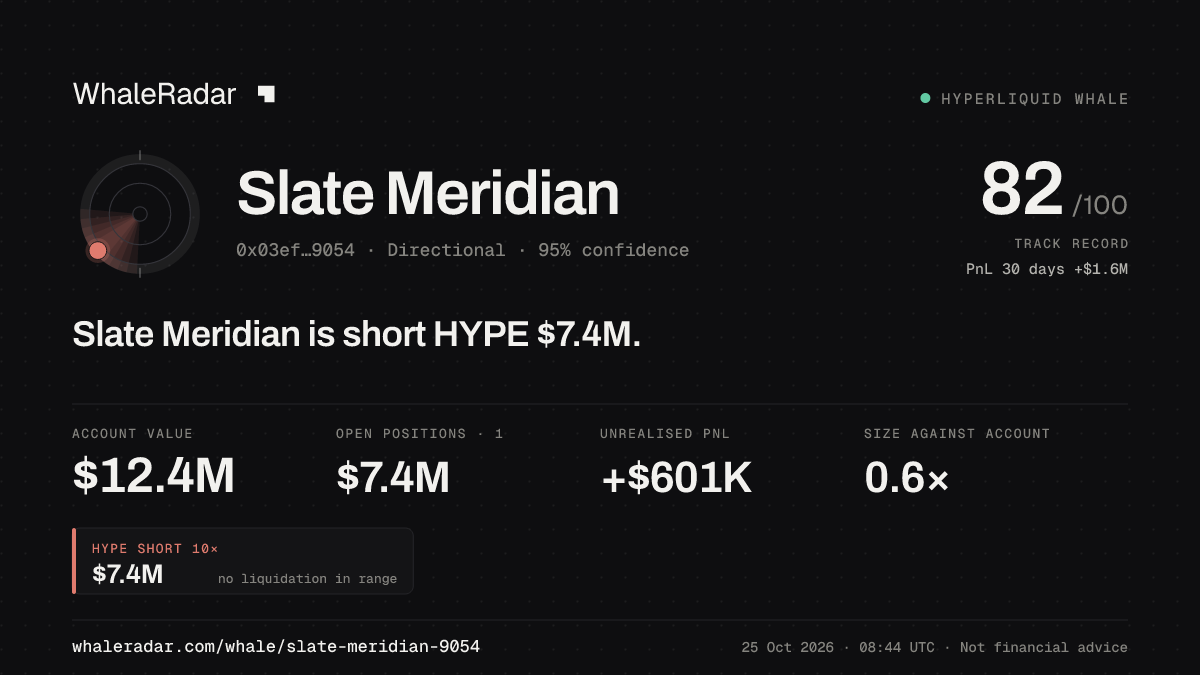 Share card for Slate Meridian: Slate Meridian is short HYPE $7.4M.