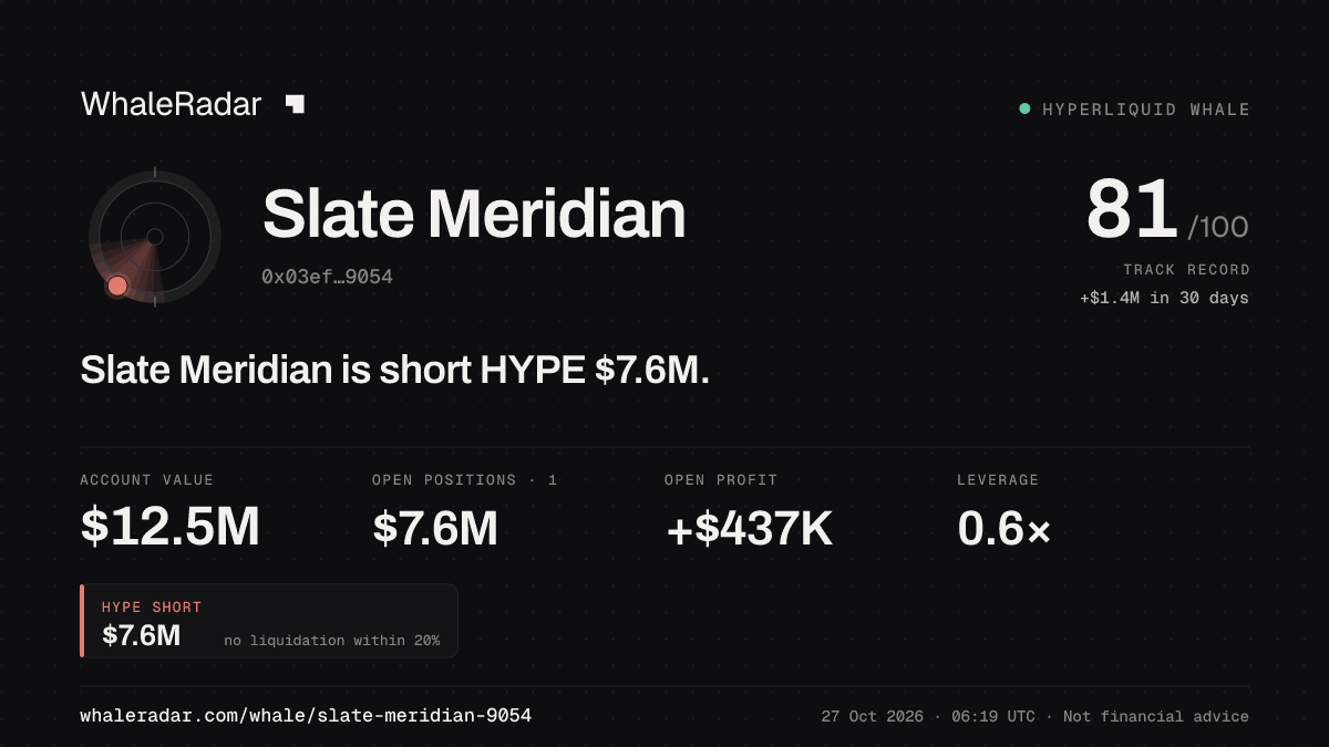 Slate Meridian 공유 카드: Slate Meridian: HYPE 숏 765만 달러.