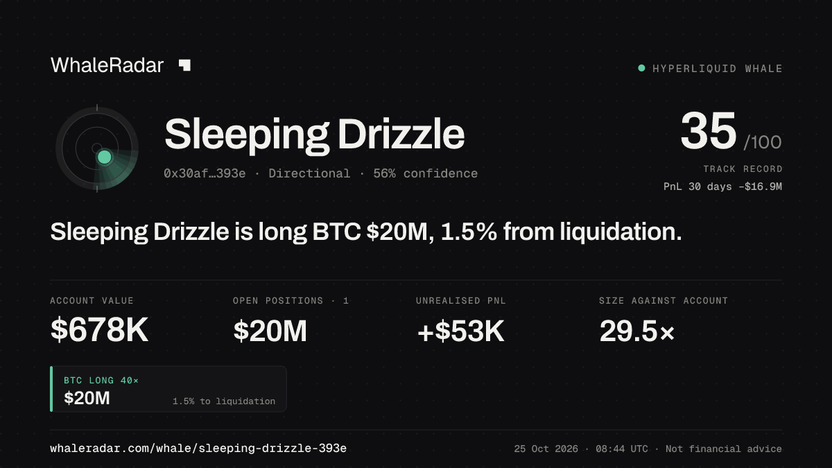 Share card for Sleeping Drizzle: Sleeping Drizzle is long BTC $20M, 1.8% from liquidation.