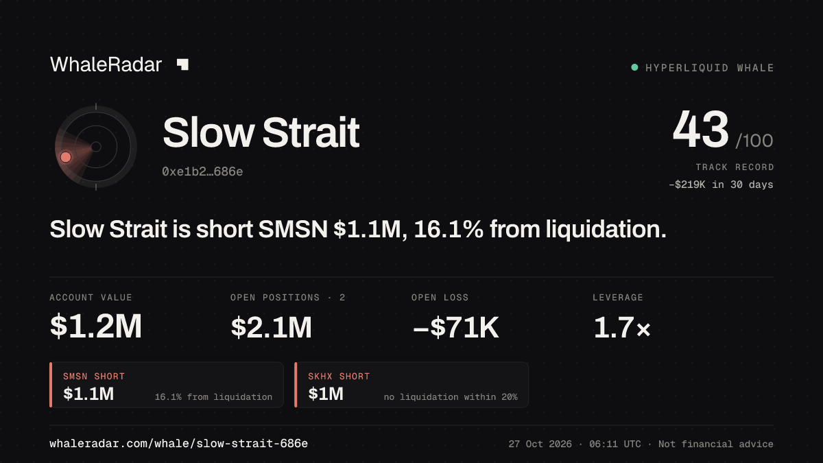Slow Strait 공유 카드: Slow Strait: SMSN 숏 135만 달러, 청산까지 15.6%.