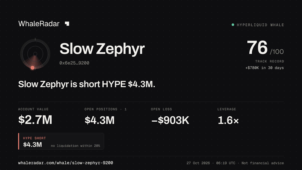 Slow Zephyr 공유 카드: Slow Zephyr: HYPE 숏 431만 달러.