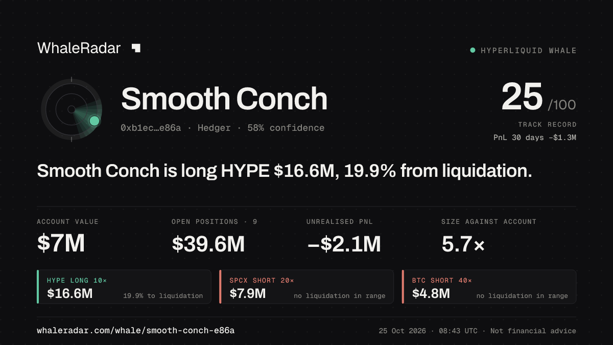 Share card for Smooth Conch: Smooth Conch is long HYPE $16.7M.
