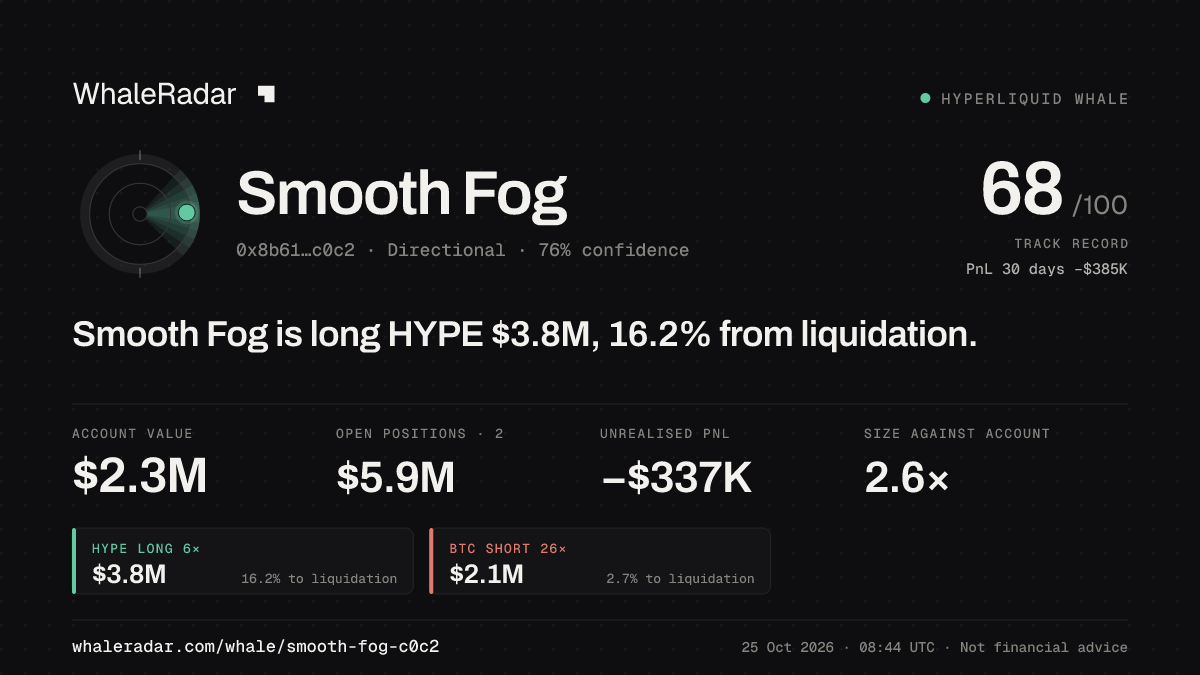 「Smooth Fog」分享卡片:Smooth Fog 持有 HYPE 383 万美元 多单,距爆仓 16.6%。