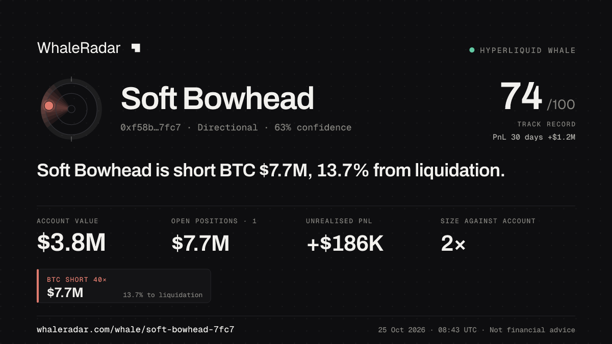 Share card for Soft Bowhead: Soft Bowhead is short BTC $7.7M, 13.4% from liquidation.