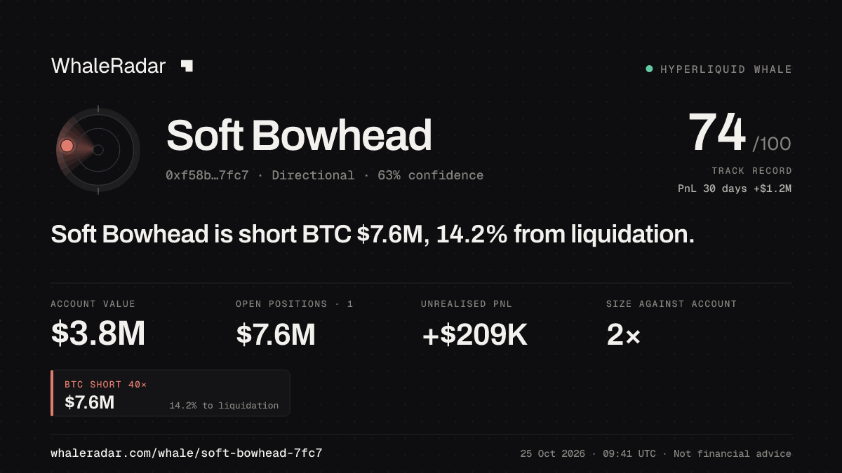 「Soft Bowhead」分享卡片:Soft Bowhead 持有 BTC 769 万美元 空单,距爆仓 13.7%。