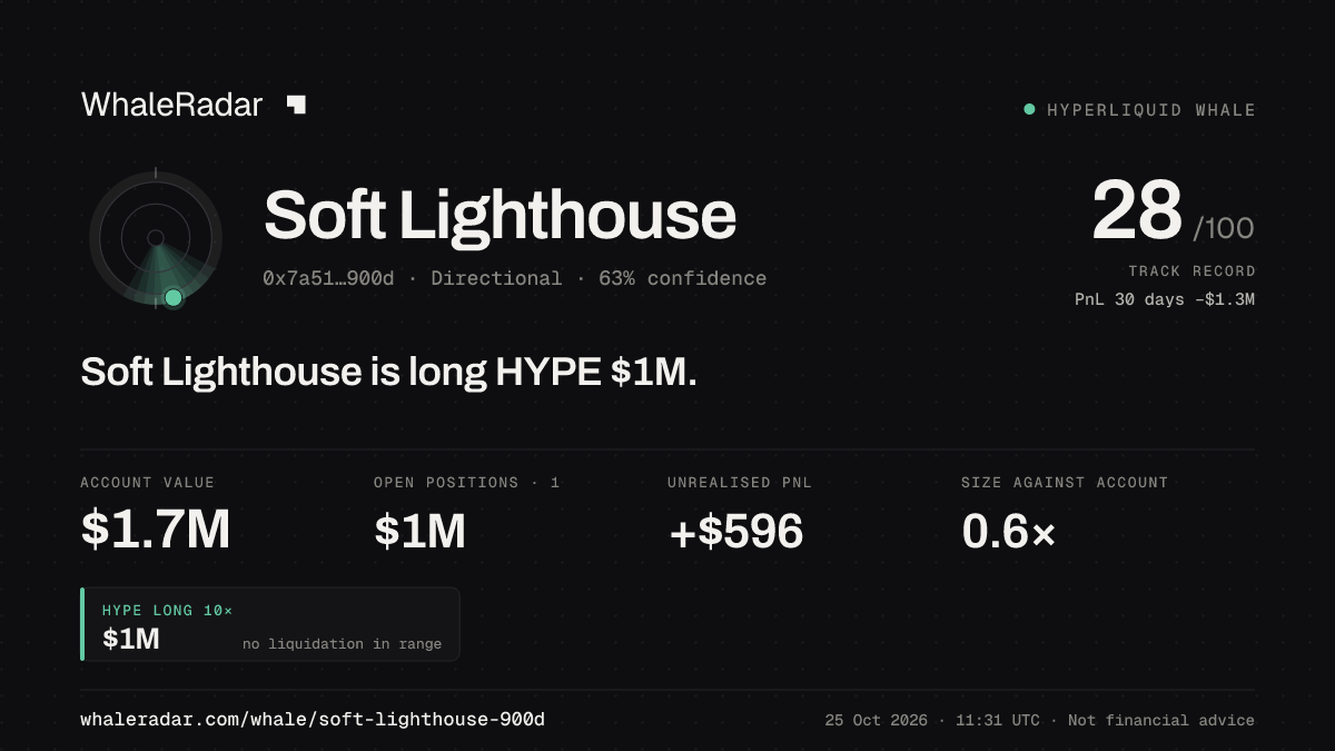 「Soft Lighthouse」分享卡片:Soft Lighthouse 持有 HYPE 104 万美元 多单。