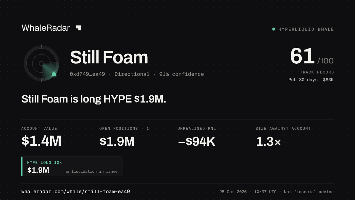 「Still Foam」分享卡片:Still Foam 持有 HYPE 189 万美元 多单。